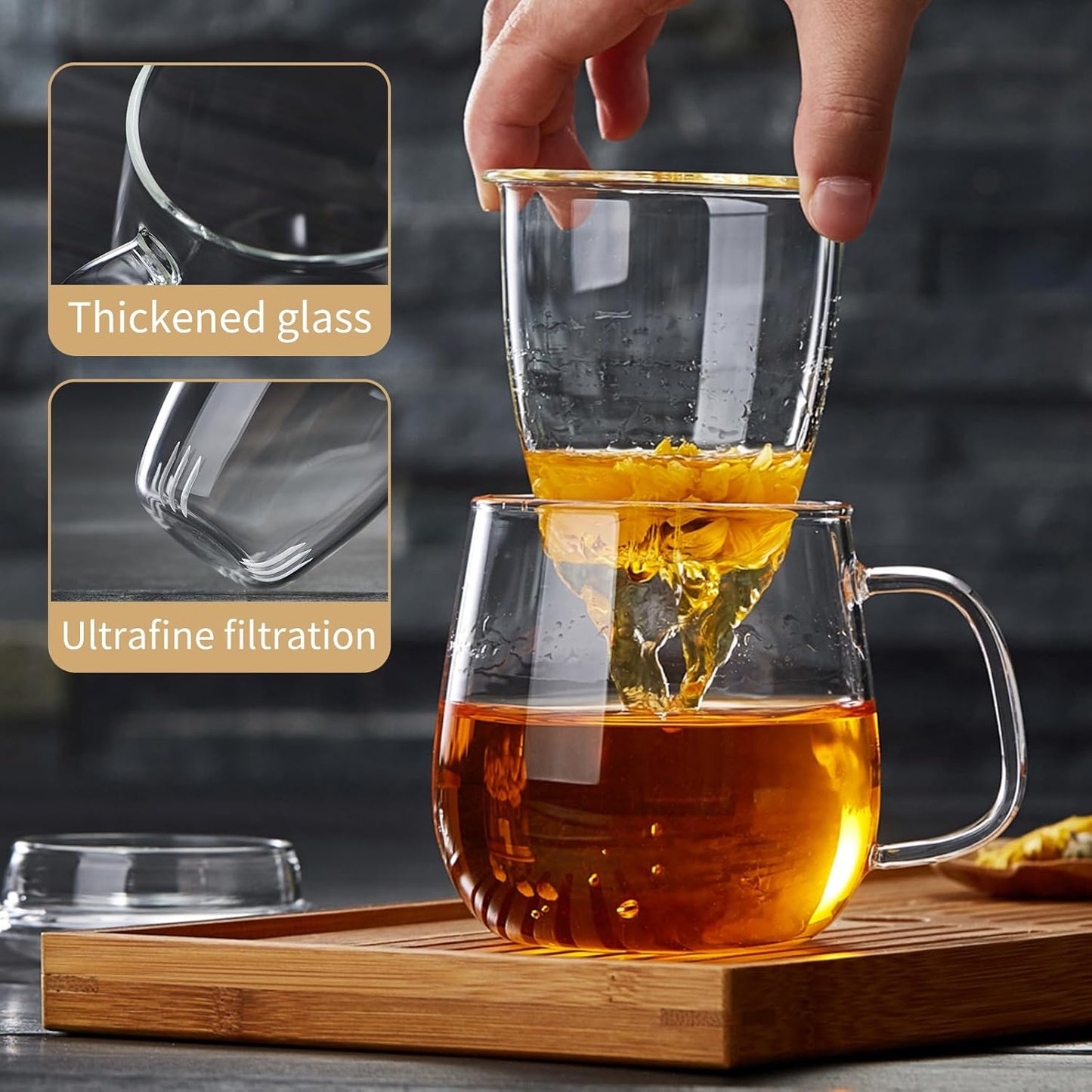 DOPUDO Glass Tea Cup with Infuser and Lid, 17.6oz/520ml Large Borosilicate Teacup,Tea Glass, Clear Mug for Loose Leaf Tea, Blooming Tea, Microwave & Dishwasher Safe - Tea Maker Gift for Birthday.