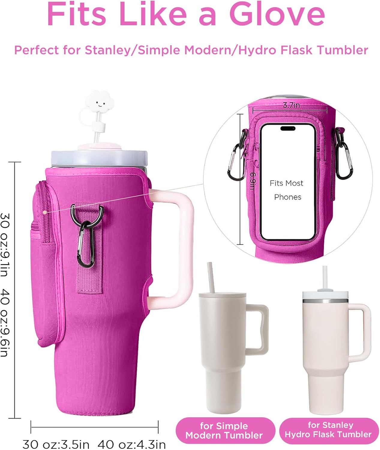 dabria Water Bottle Carrier Bag with Phone Pocket for Stanley 40/30 oz Tumbler Neoprene Water Bottle Holder Pouch with Adjustable Strap Bollus with Straw Cover for Stanley Cup Accessories