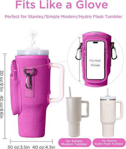 dabria Water Bottle Carrier Bag with Phone Pocket for Stanley 40/30 oz Tumbler Neoprene Water Bottle Holder Pouch with Adjustable Strap Bollus with Straw Cover for Stanley Cup Accessories