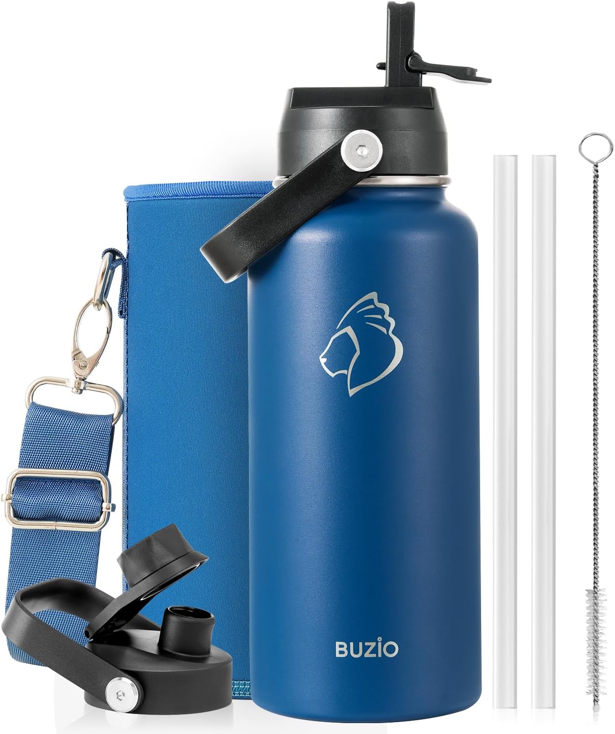 BUZIO 40oz Insulated Water Bottle, Triple Wall Vacuum Stainless Steel Water Flask with 2 lids, Lead-Free BPA-Free Straw Lid Sports Canteen Jug, Cold 48H & Hot 24H- Black - Colors B