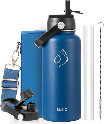 BUZIO 40oz Insulated Water Bottle, Triple Wall Vacuum Stainless Steel Water Flask with 2 lids, Lead-Free BPA-Free Straw Lid Sports Canteen Jug, Cold 48H & Hot 24H- Black - Colors B