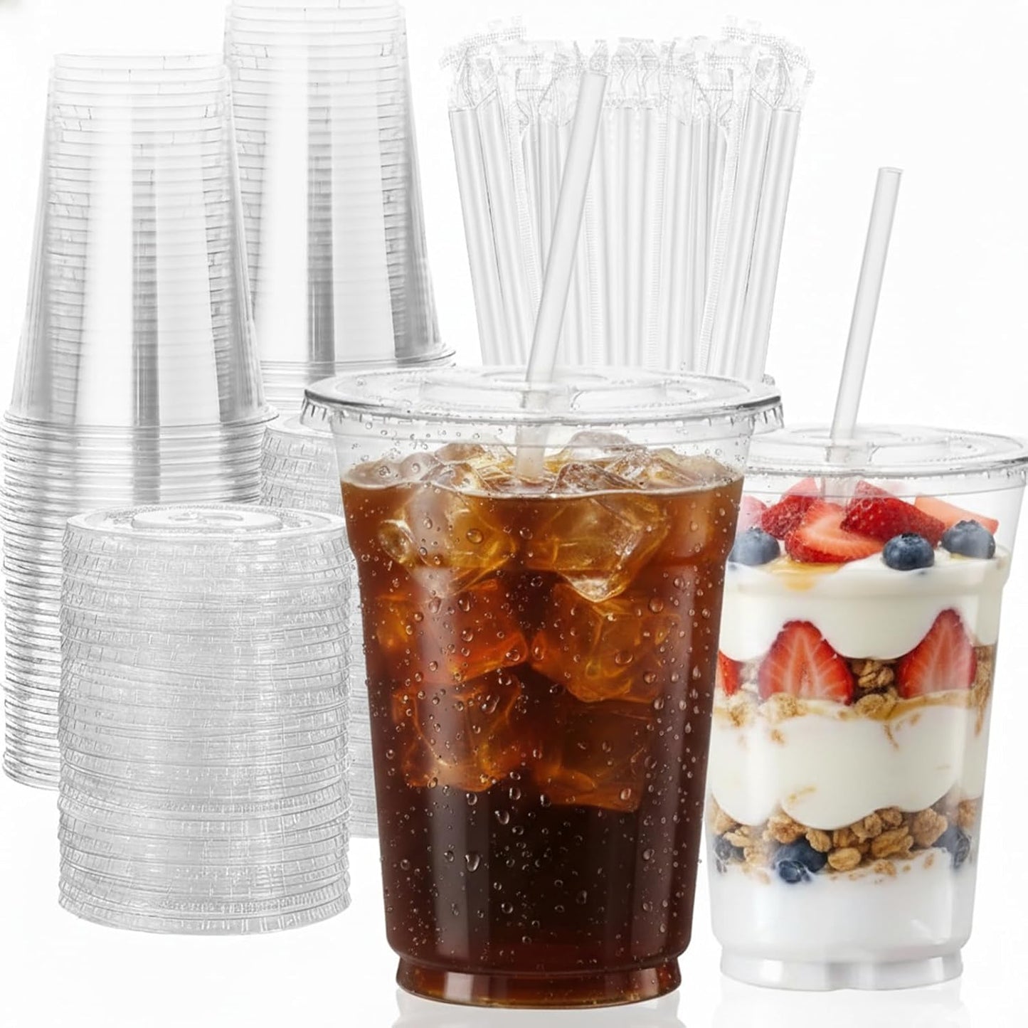 16 OZ Plastic Cups with Lids and Straws, 25 Clear Disposable Coffee Cups With Lids 16 OZ Disposable Cold Brew Cup for Parfait, Bubble Tea, Smoothies