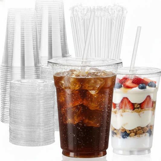 16 OZ Plastic Cups with Lids and Straws, 25 Clear Disposable Coffee Cups With Lids 16 OZ Disposable Cold Brew Cup for Parfait, Bubble Tea, Smoothies