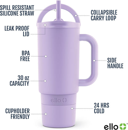 Ello Port 40oz Tumbler with Carry Loop & Integrated Handle, Vacuum Insulated Stainless Steel Reusable Water Bottle, Travel Mug with Leak Proof Lid & Straw, Perfect for Iced Coffee & Tea, White
