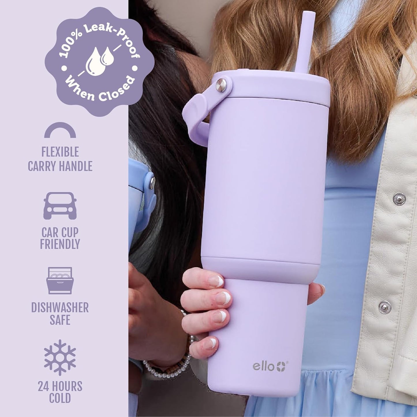 Ello Oasis Go+ 26oz Tumbler with Top Handle and Retracting Straw | Reusable Insulated Stainless Steel Cup, 100% Leakproof Water Bottle, 24 Hours Cold, Cup Holder Friendly For Travel | Wild Rasberry