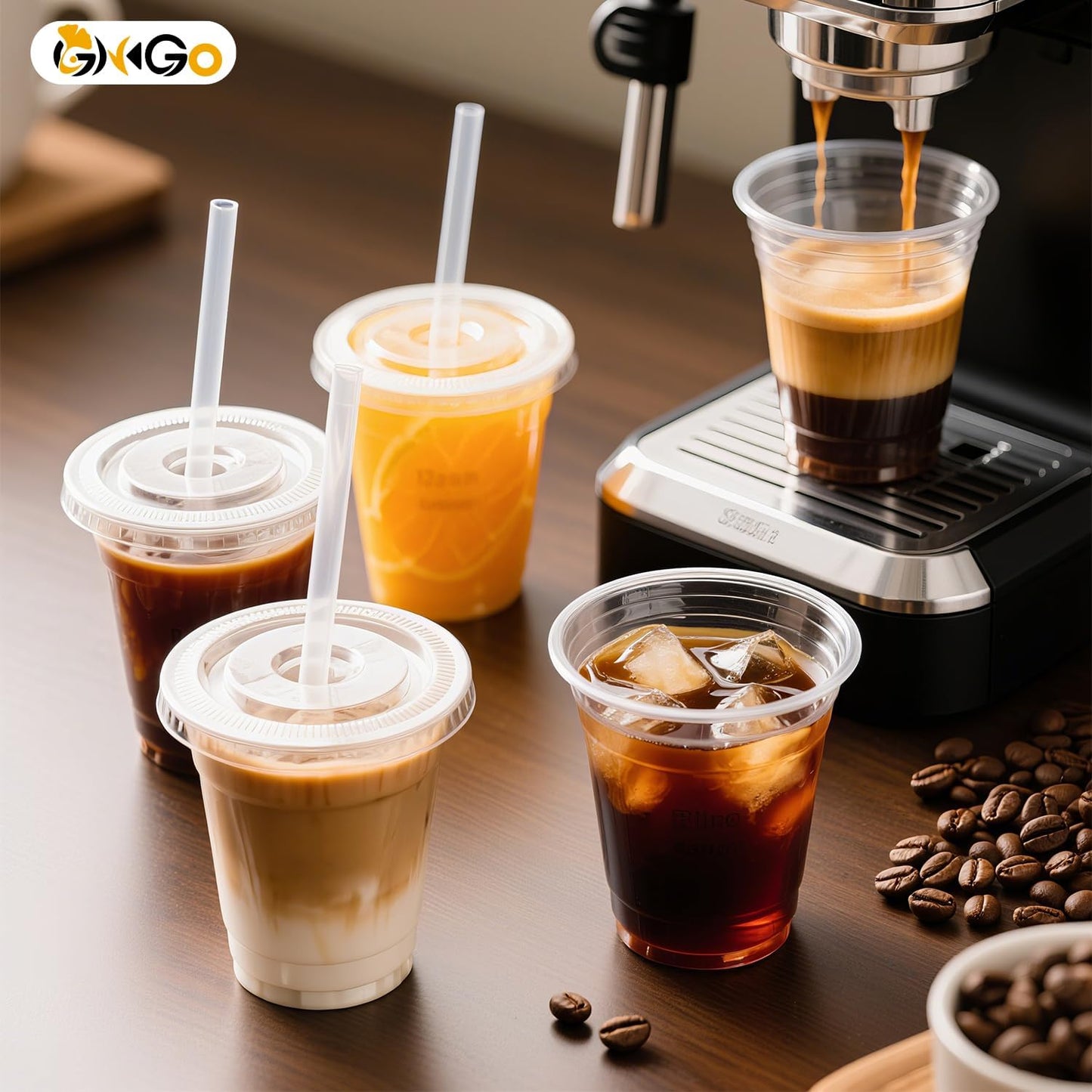 Ginkgo 32 oz Clear Plastic Cups with Lids and Jumbo Straws, Disposable To Go Iced Coffee Cups for Smoothie, Boba Milk Tea - 50 Pack
