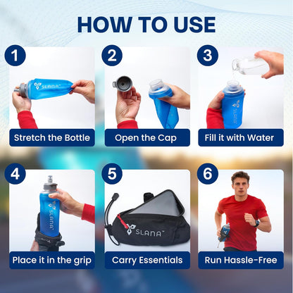 Handheld Running Water Bottle 18 oz – Grip-Free Collapsible Water Bottles for Running with Adjustable Strap & Thumbhole, Expandable Phone Pocket, Race Cap for One-Hand Drinking