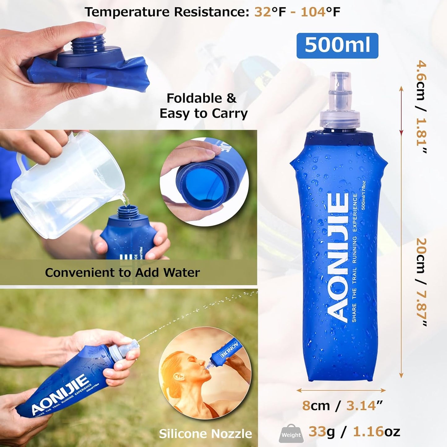 Azarxis TPU Soft Flask Collapsible Water Bottles BPA-Free 250ml 350ml 500ml for Hydration Vest Pack Running Hiking Cycling Climbing
