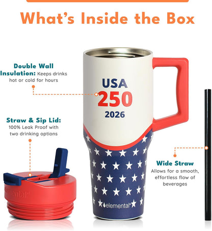 Elemental 32 oz 100% Leak Proof Tumbler with Handle & Straw - Stainless Steel Double Wall Insulated Tumbler for Hot and Cold Beverages - Travel Coffee Mug with Sip & Straw Lid - White - Colors A