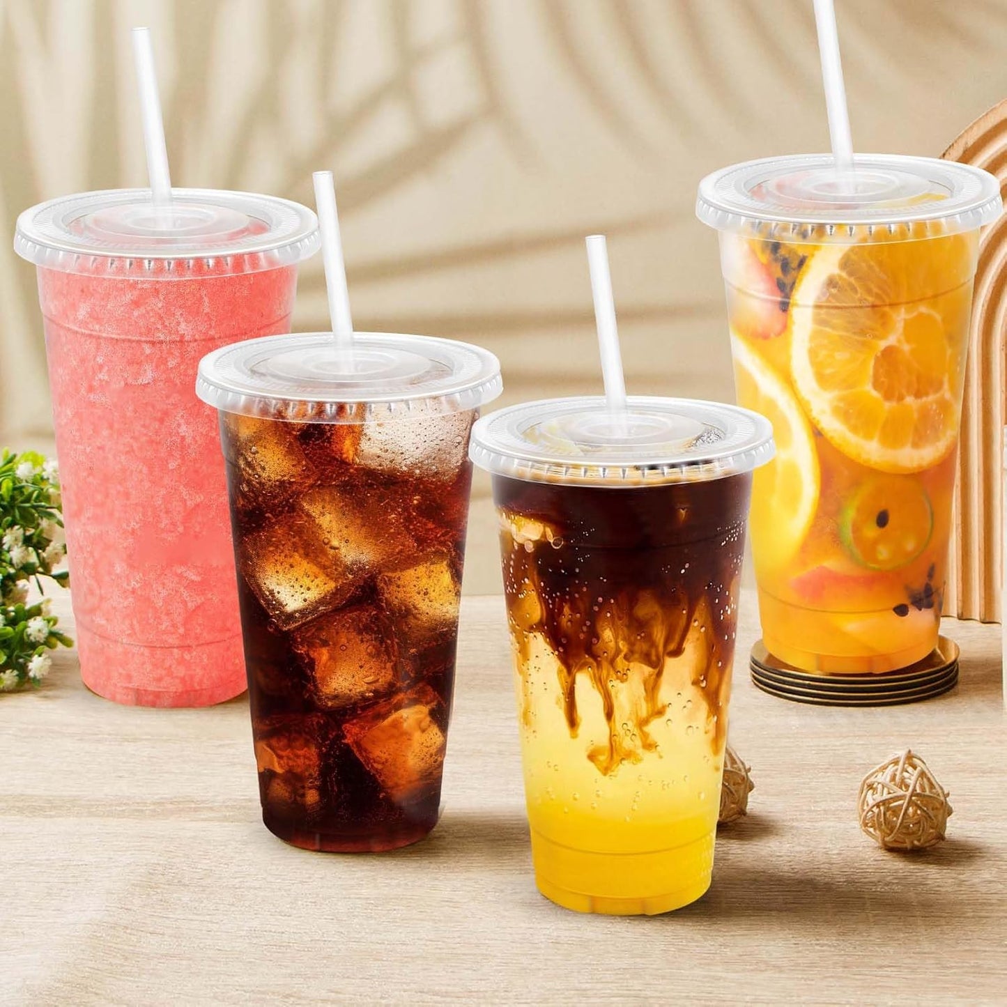 Clawsoff 100 Pack 20 oz Disposable Clear Plastic Cups with Lids and Straws, Leak-Proof Sturdy Cold Drink Cups for Iced Coffee, Smoothies, Juice, Parties & Business