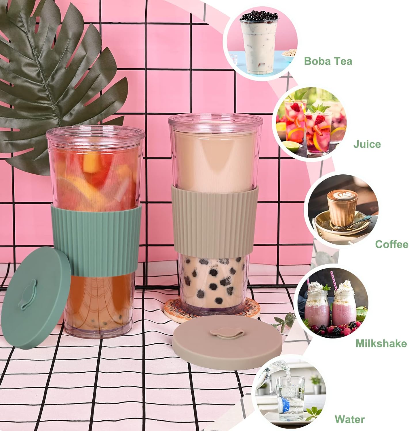 2 Pack Reusable Boba Tea Cups, 24oz Iced Coffee Cup with Straw and Lid, Leakproof Clear Plastic Cups Tumbler, Double Wall Insulated Smoothie Tumbler, Wide Straw for Bubble Tea, Black and White