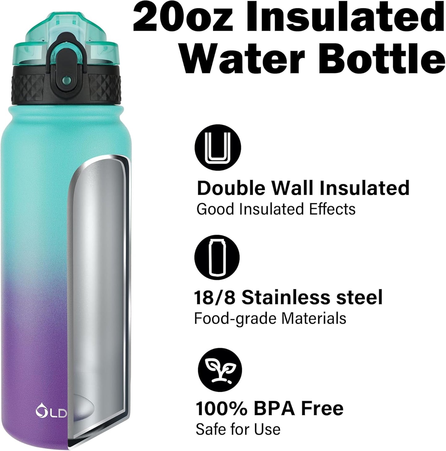 Oldley Insulated Water Bottle 20oz for Adults Kids Stainless Steel Water Bottles with Straw/Chug/Carabiner 3 Lids Fruit Strainer Double Wall Vacuum Wide Mouth BPA Free Leak-Proof for School Travel