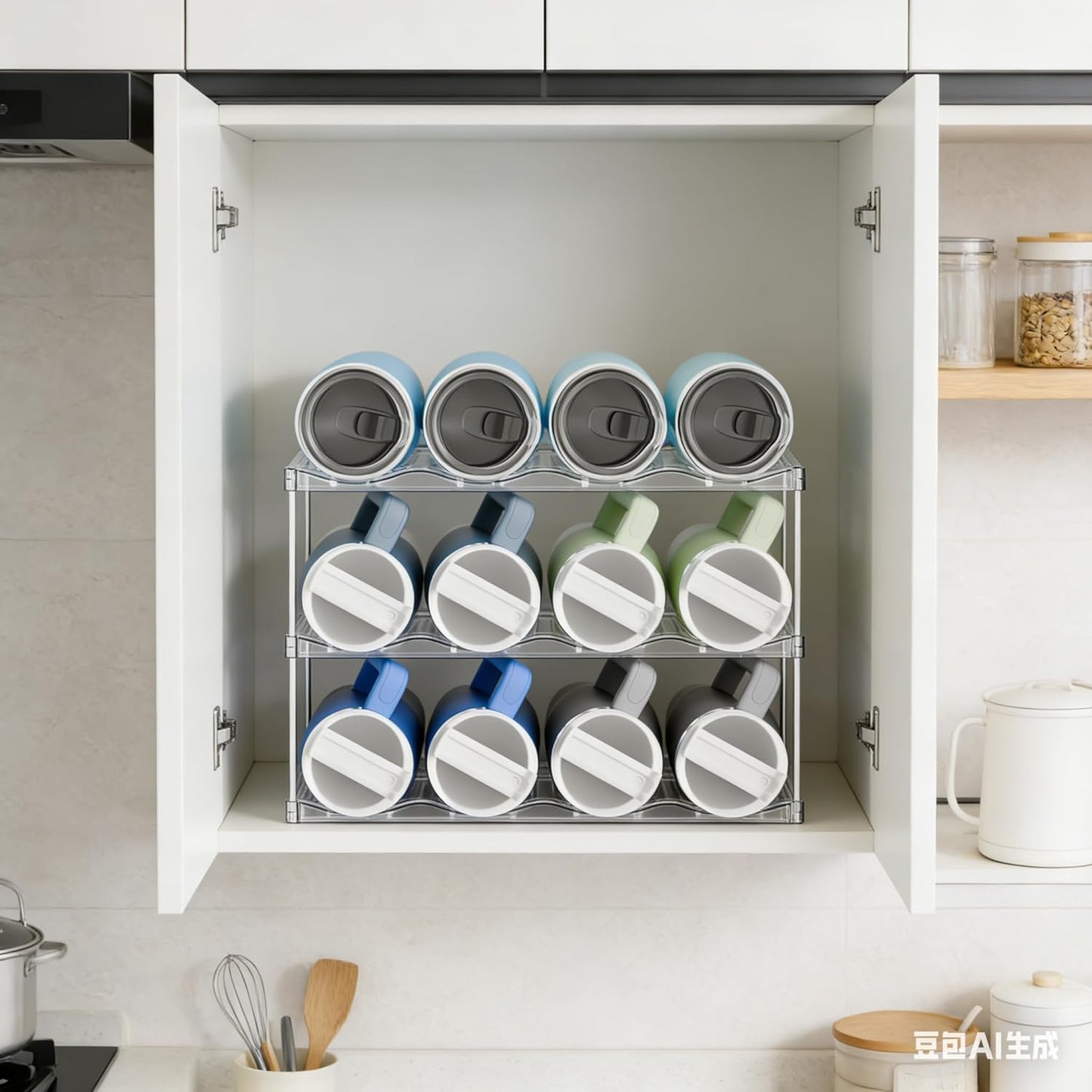 Yieach Larger Compartments Stackable Water Bottle Organizer for 40 oz Stanley Cup Holder,Yeti and Other Tumbler Organizer,3 Tier Wine Rack and Waterbottle Storage Rack for Kitchen Cabinets,Countertop