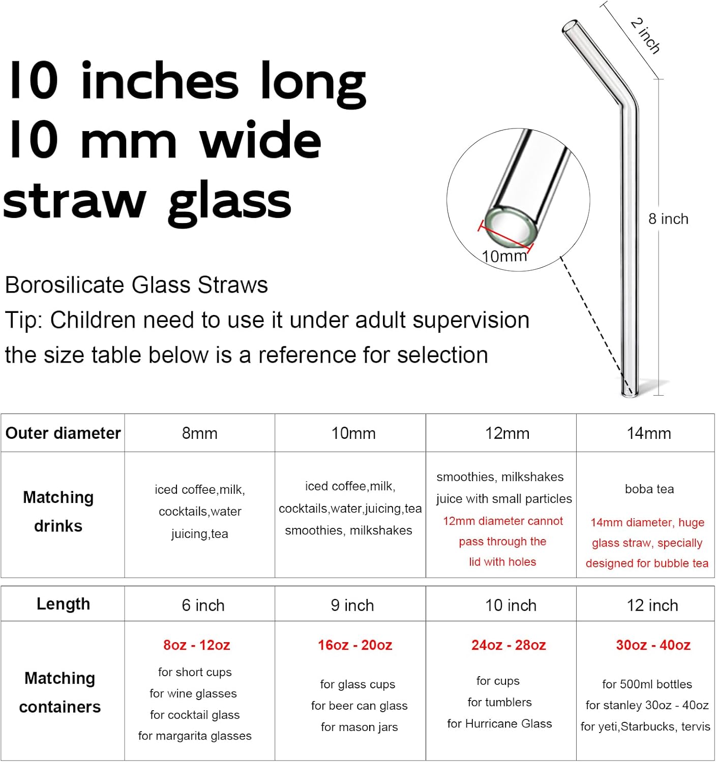 Reusable Glass Straws Shatter Resistant Clear, Skinny Glass Straw Bent Thin for 16 oz Cups Tumblers 9 inch 8mm