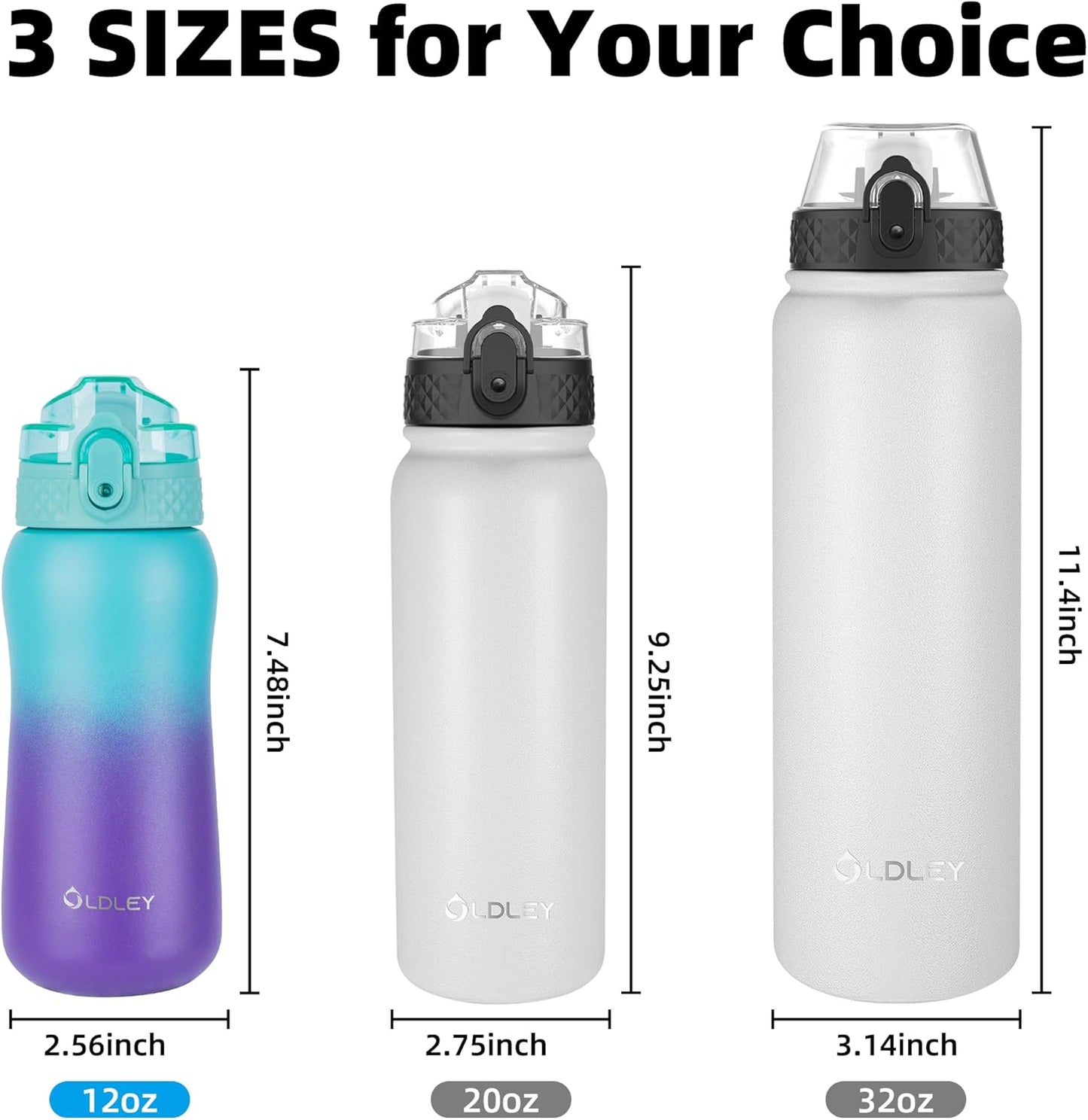 Oldley Insulated Water Bottle 20oz for Adults Kids Stainless Steel Water Bottles with Straw/Chug/Carabiner 3 Lids Fruit Strainer Double Wall Vacuum Wide Mouth BPA Free Leak-Proof for School Travel