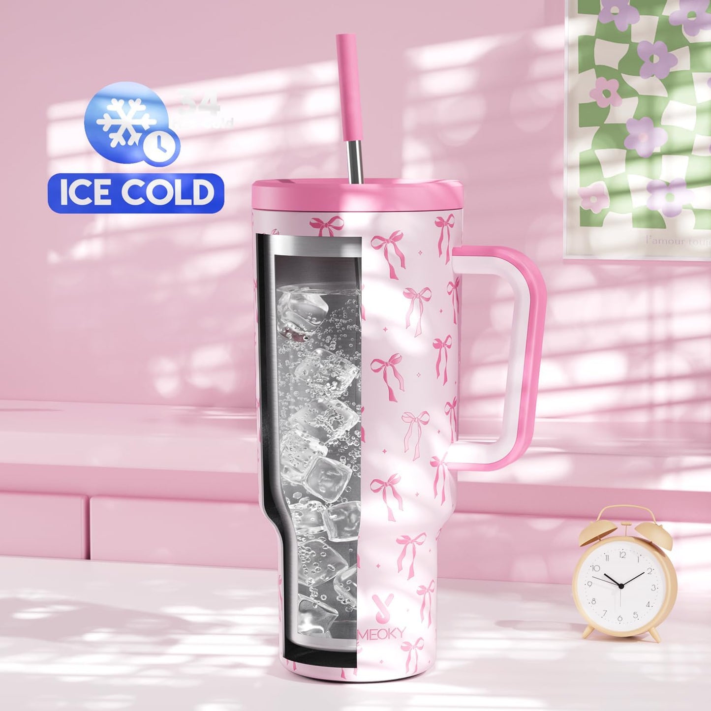 Meoky 40 oz Tumbler with Handle and Straw: Stainless Steel Insulated Tumbler with Lid and Straw - 100% Leak Proof Tumbler for Car Cup Holders - Travelers Commuters Workers, Donut