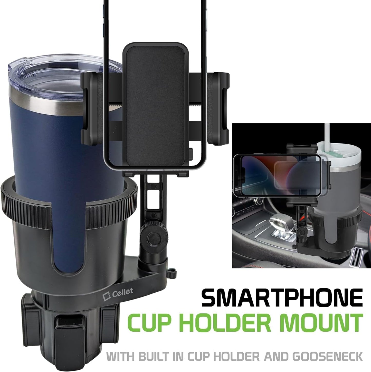Cellet Cup Holder Tray for Car with Phone Mount – Expandable Base, 360° Rotation Food & Drink Tray with Non-Slip Surface, Adjustable Arm for Eating in Vehicle – Fits Most Standard Car Cup Holders