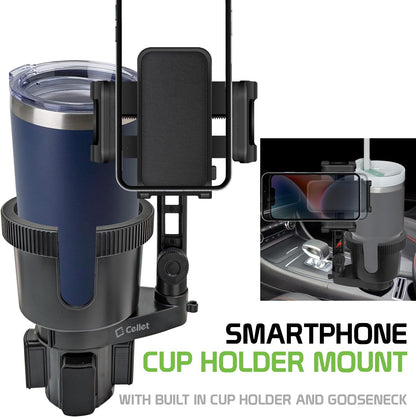Cellet Cup Holder Tray for Car with Phone Mount – Expandable Base, 360° Rotation Food & Drink Tray with Non-Slip Surface, Adjustable Arm for Eating in Vehicle – Fits Most Standard Car Cup Holders