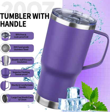 20oz Insulated Tumbler with Handle Stainless Steel Travel Coffee Mug with Lid and Straw Double Wall Vacuum Leak-proof Reusable Thermal Water Cup for Hot and Cold Drinks (Purple,1 Pack)
