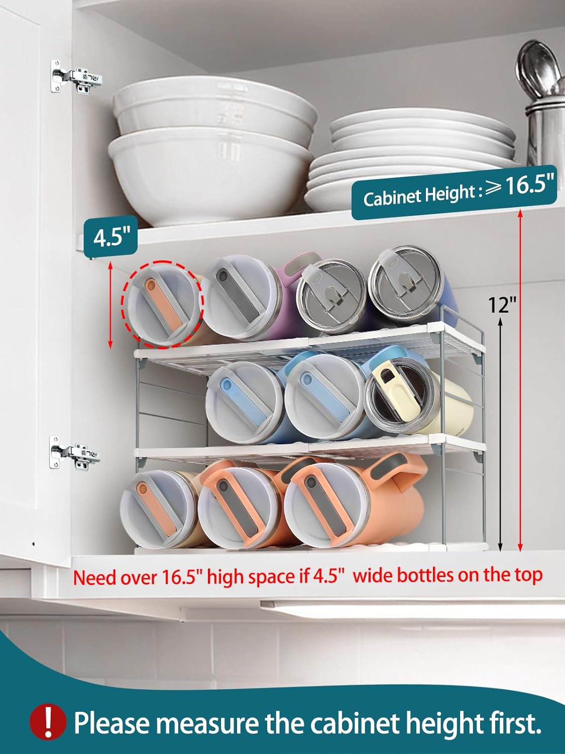 10.6-16.7" Adjustable Width Water Bottle Organizer for Cabinet, 3-Tier Expandable Water Bottle Holder Rack, Cup and Tumbler Storage for Kitchen Organization, Sports Flask, Insulated Travel Mug, Fridge