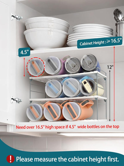 10.6-16.7" Adjustable Width Water Bottle Organizer for Cabinet, 3-Tier Expandable Water Bottle Holder Rack, Cup and Tumbler Storage for Kitchen Organization, Sports Flask, Insulated Travel Mug, Fridge