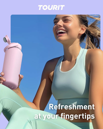 TOURIT 32 oz Insulated Water Bottle, Stainless Steel Sports Water Bottles With Top Handle, Double-Wall Travel Thermal Water Flask, BPA Free Leakproof Water Bottle for Sports and Travel,Pink
