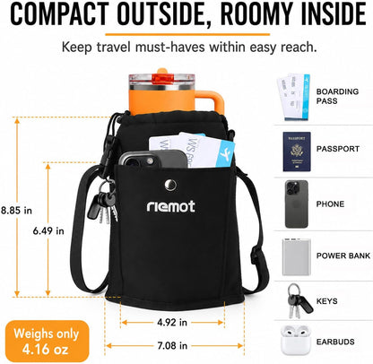 riemot Luggage Cup Holder with Strap, Travel Drink Holder with Phone Pocket, Hands Free Suitcase Drink Carrier Fits Stanley 40oz Cups, Luggage Accessories for Travel Airport Convenience