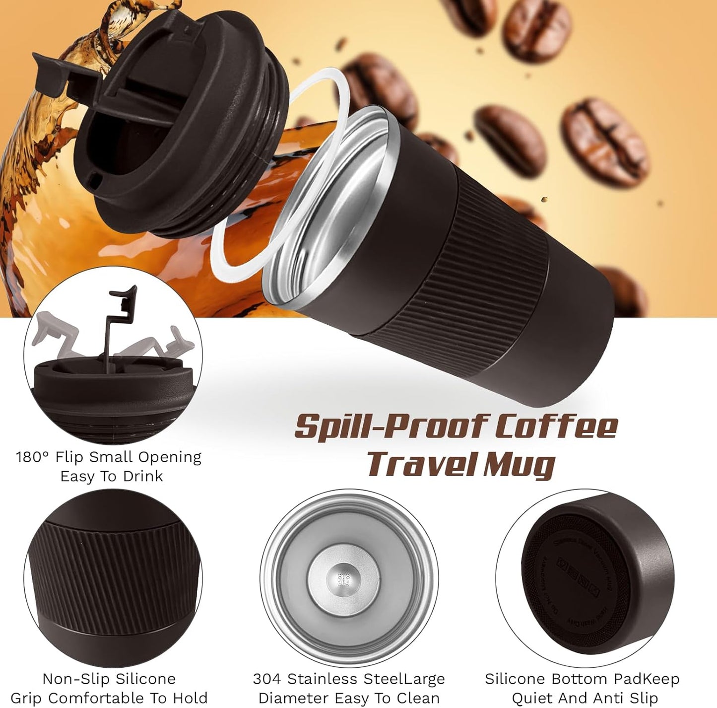 SPLMIFA Vacuum-Insulated Stainless Steel Travel Coffee Mug, Leak-Proof Reusable Coffee Cup with Lid - Keep Hot & Cold Drinks for Hours, Durable Insulated Tumbler for Men & Women(3rd-Black, 12OZ)