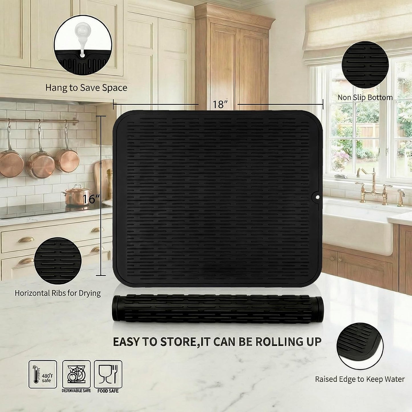MicoYang Silicone Dish Drying Mat for Multiple Usage,Easy clean,Eco-friendly,Heat-resistant Silicone Mat for Kitchen Counter,Sink,Bar,Bottle,or Cup Green M 17 inches x 6 inches