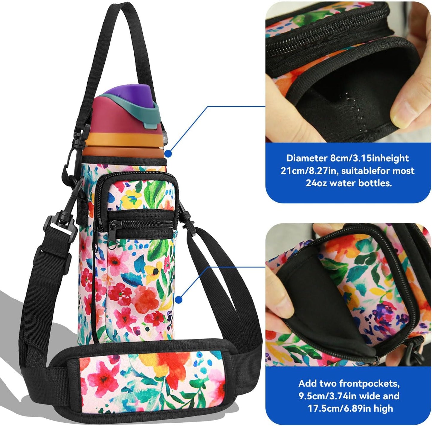 Neoprene Water Bottle Holder Bag with Cell Phone Pocket Compatible with Owala FreeSip 24 oz，Water Bottle Carrying Bag ，with Adjustable Shoulder Strap,for 24oz Stainless Steel Water Bottle