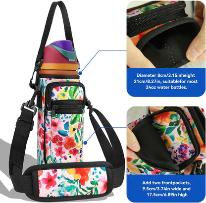 Neoprene Water Bottle Holder Bag with Cell Phone Pocket Compatible with Owala FreeSip 24 oz，Water Bottle Carrying Bag ，with Adjustable Shoulder Strap,for 24oz Stainless Steel Water Bottle