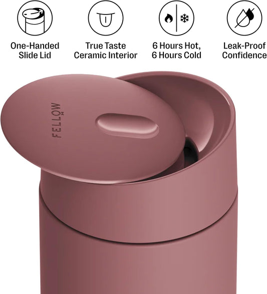 Fellow 12 oz Carter Slide Travel Mug – One-Handed Slide Lid, Vacuum Insulated Stainless Steel Tumbler with Ceramic Interior for Hot and Cold Drinks, Leak-Proof and Dishwasher Safe, Hazy Blue