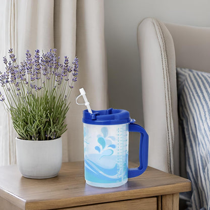 Plum Hill Hospital Cup with Lid and Straw, Large Water Cup with Straw and Handle, Hospital Mugs with Lid and Straw, 20 Oz Blue Medical Water Bottle, Clear Plastic Mug