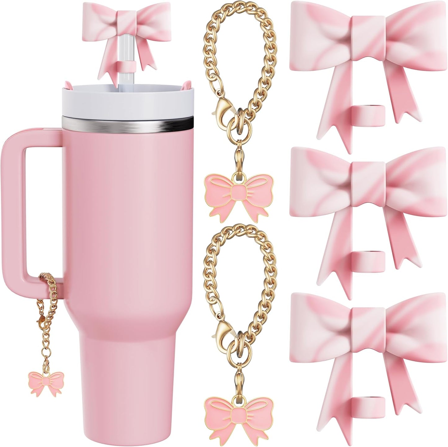 Compatible with Stanley Cup Accessories - 3Pcs 10mm Bow Straw Topper Compatible with Stanley Cup Straw Cover Cap, 2pcs Pink Bow Charms for Stanley 30&40 Oz Tumbler with Handle