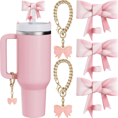 Compatible with Stanley Cup Accessories - 3Pcs 10mm Bow Straw Topper Compatible with Stanley Cup Straw Cover Cap, 2pcs Pink Bow Charms for Stanley 30&40 Oz Tumbler with Handle