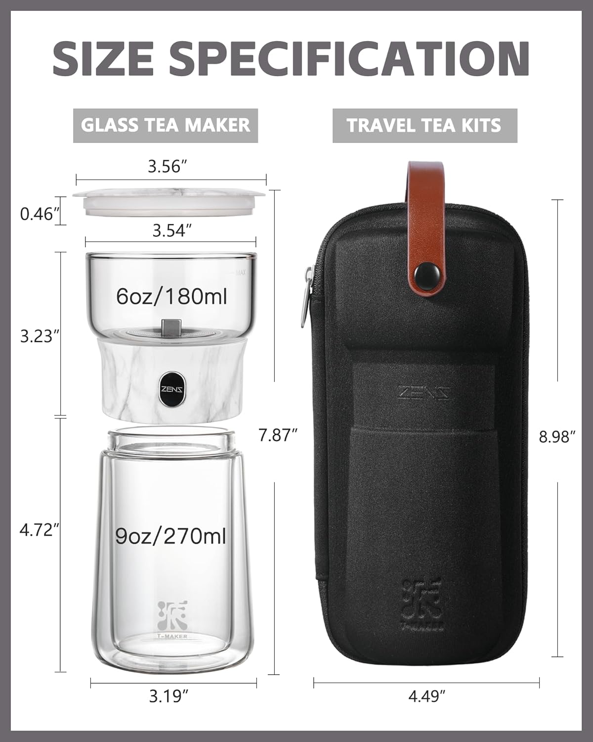 ZENS Modern Glass Infuser Teapot, One Touch Tea Maker for Loose Leaf Tea with Insulated Mug and Portable Case. Enchanted Pot Alternatives for Tea Lover Gifts