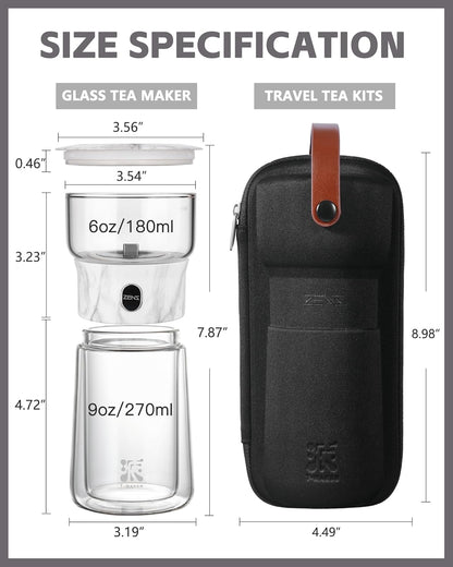 ZENS Modern Glass Infuser Teapot, One Touch Tea Maker for Loose Leaf Tea with Insulated Mug and Portable Case. Enchanted Pot Alternatives for Tea Lover Gifts