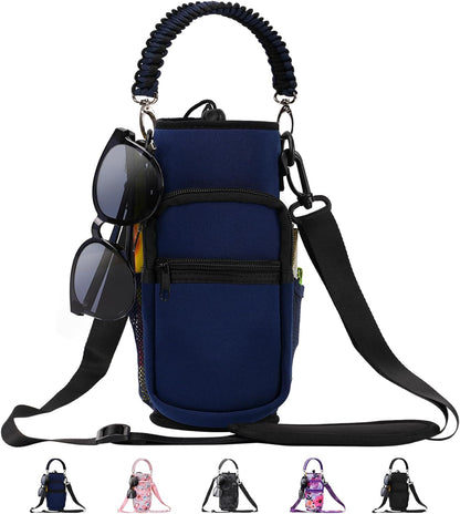 AceTreker 32/40/64/87/128 oz Water Bottle Carrier Bag, Neoprene Water Bottle Sleeve with 4 Pocket, Sport Water Holder with Paracord Handle and Shoulder Strap for Walking Hiking Camping Gym