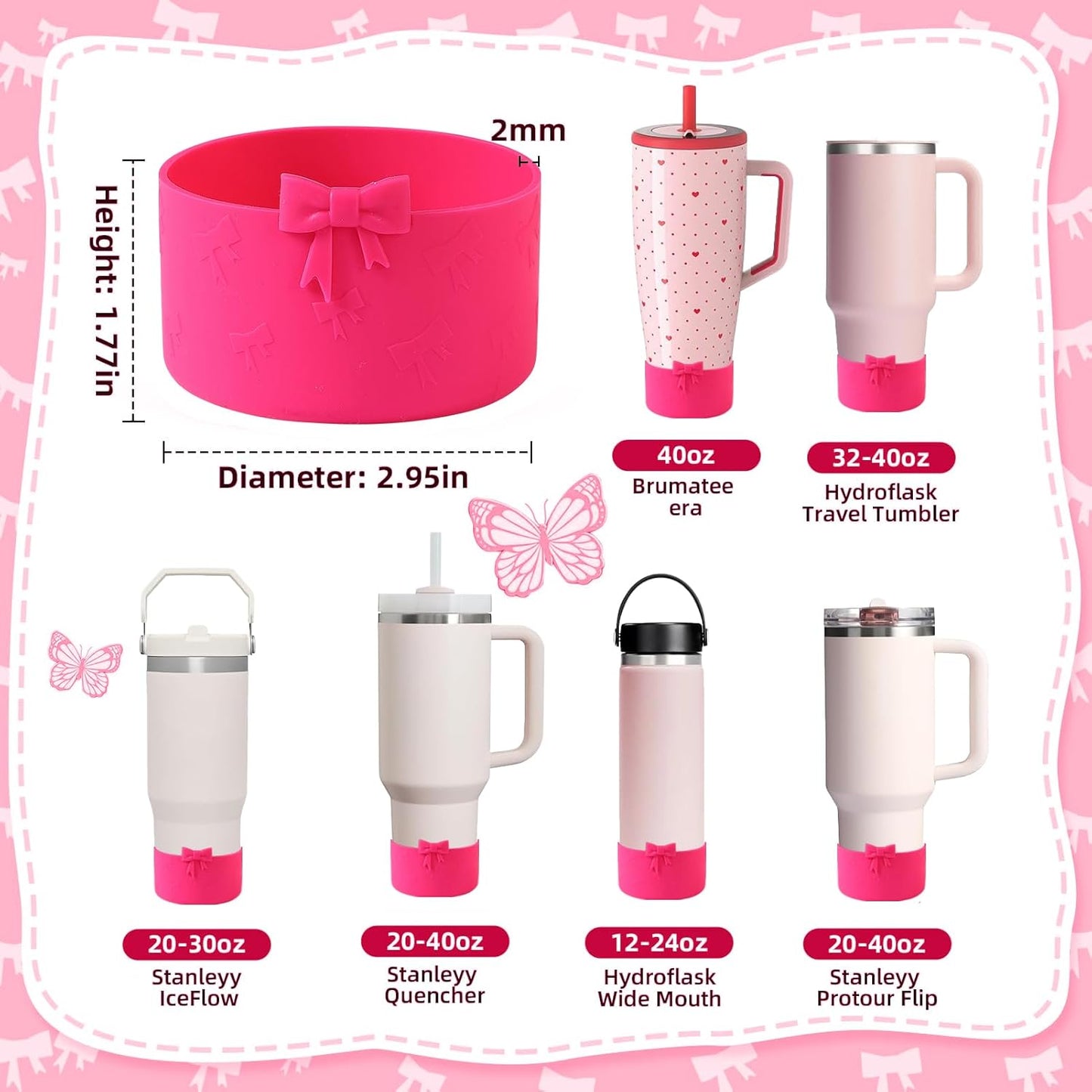 2PCS Bow Silicone Boot for Stanley Quencher Tumbler 30oz 40oz & IceFlow 20oz 30oz& Hydro Flask Water Bottle 12-24 oz Protective Bottom Sleeve Cover for Stanley Cup Accessories& Owala 24oz