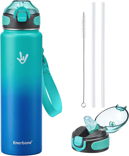 Enerbone 24 oz Insulated Water Bottle, Stainless Steel Bottle with Carrying Strap, Double-Wall Vacuum Insulation Design, Leakproof Sports Bottle with Straw, Keep Drinks Cold or Hot for Hours