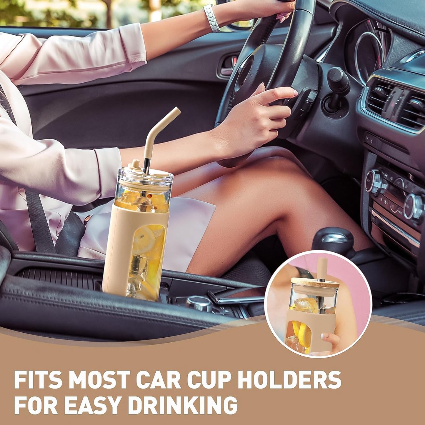 Kodrine 20oz Glass Water Tumbler with Straw and Lid, Bamboo Lids Water Bottle, Iced Coffee Cup Reusable, Wide Mouth Smoothie Cups with Protective Silicone Sleeve BPA FREE-Black - Colors A