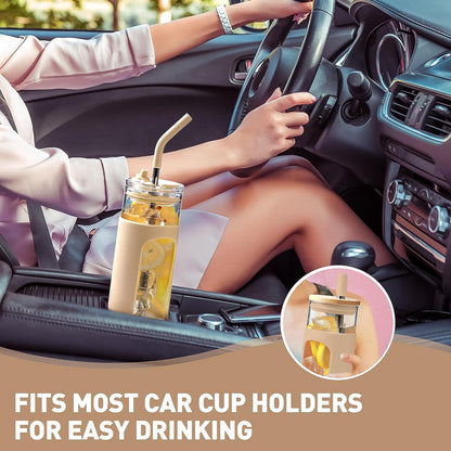 Kodrine 20oz Glass Water Tumbler with Straw and Lid, Bamboo Lids Water Bottle, Iced Coffee Cup Reusable, Wide Mouth Smoothie Cups with Protective Silicone Sleeve BPA FREE-Black - Colors A
