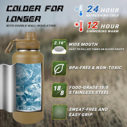 32 oz Insulated Water Bottle with Sleeve - Tactical Stainless Steel Gym Water Bottles for Men, Sports Water Bottle for Hiking Camping Outdoor with Camo Pouch