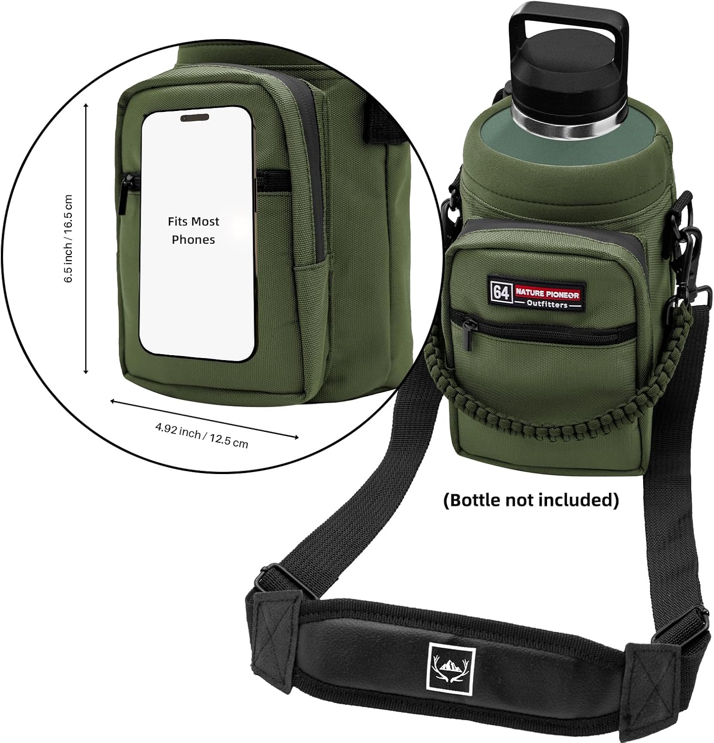NATURE PIONEOR Water Bottle Holder with Adjustable Strap - Half/One Gallon (64/128oz) Insulated Water Bottle Sling Carrier with Phone Pocket & Paracord Handle, Outdoor Camping, Hiking, Gym