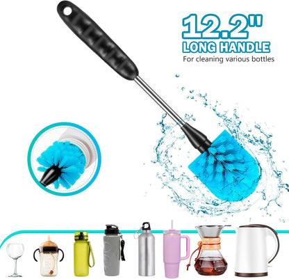 12.2 inch Bottle Brush Set of Three，Washable Coffee Cups, Water Bottles, Baby Bottles, Straws, to-go Cups, Long-Handled 3-in-1 Stainless Steel Bottle Brushes. (Blue)