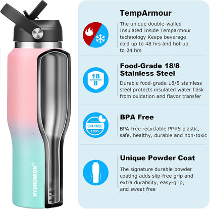 HYDROWION 32oz Stainless Steel Water Bottle(Cold for 48 Hrs, Hot for 24 Hrs),Double Wall Vacuum Insulated Water Bottle with Straw Lid, Spout Lid and Flex Cap, Fit in Any Car Cup Holder,Black
