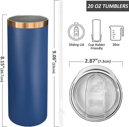 20 oz Skinny Tumblers Bulk, Stainless Steel Insulated Tumbler with Lids and Straws, Slim Double Wall Powder Coated Travel Coffee Mugs Reusable Cup for Hot Cold Drinks (Black,1 pack)