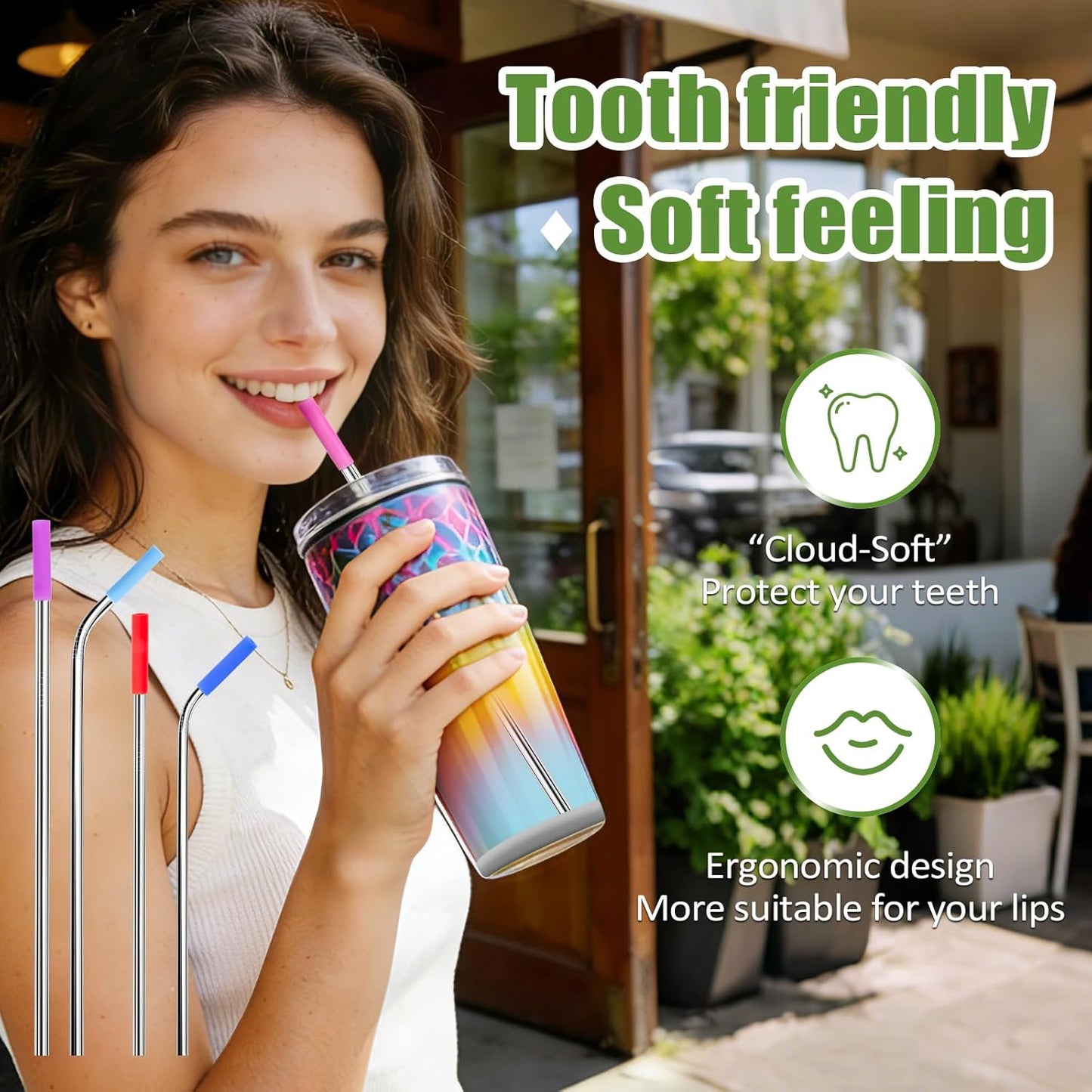 Lazycorner 16 Pcs Metal Straw Reusable 8.5" 10.5" 6mm Stainless Steel Straws for Tumblers 20oz-32oz, Rainbow Drinking Straws with Silicone Tips, 4 Straw Cleaner Brush, 1 Travel Case