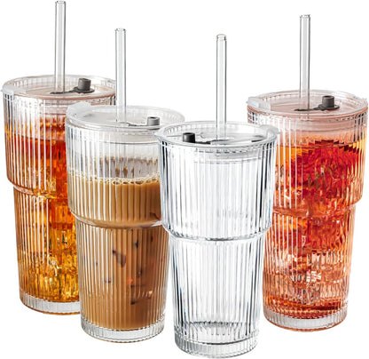 SUROQUE 20oz Ribbed Glass Tumblers with Lids & Straws, Ideal for Iced Coffee, Cocktails & More - Includes Cleaning Brush