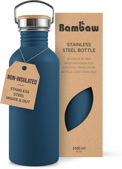 Bambaw Stainless Steel Water Bottles 32 oz, Non-insulated Single Wall Metal Water Bottle Stainless Steel, Reusable & Eco Friendly, Dishwasher Safe – Silver | Non-insulated